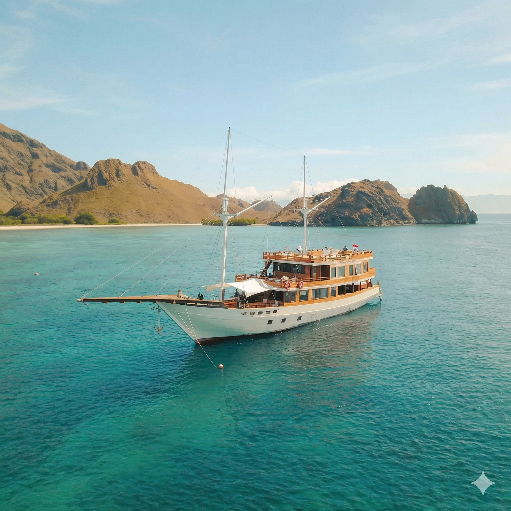 Upcoming Oceanline phinisi boat on turquoise water