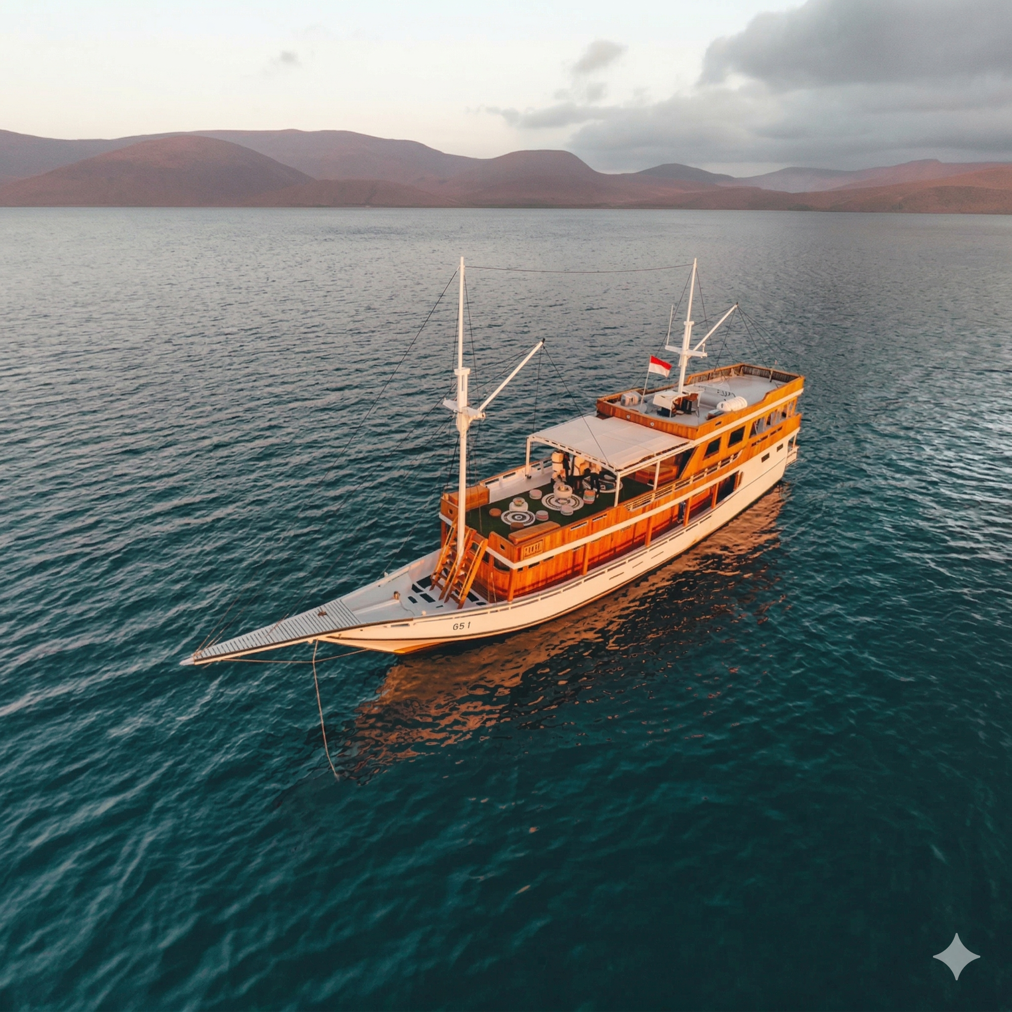 Upcoming Oceanline phinisi boat at sunset