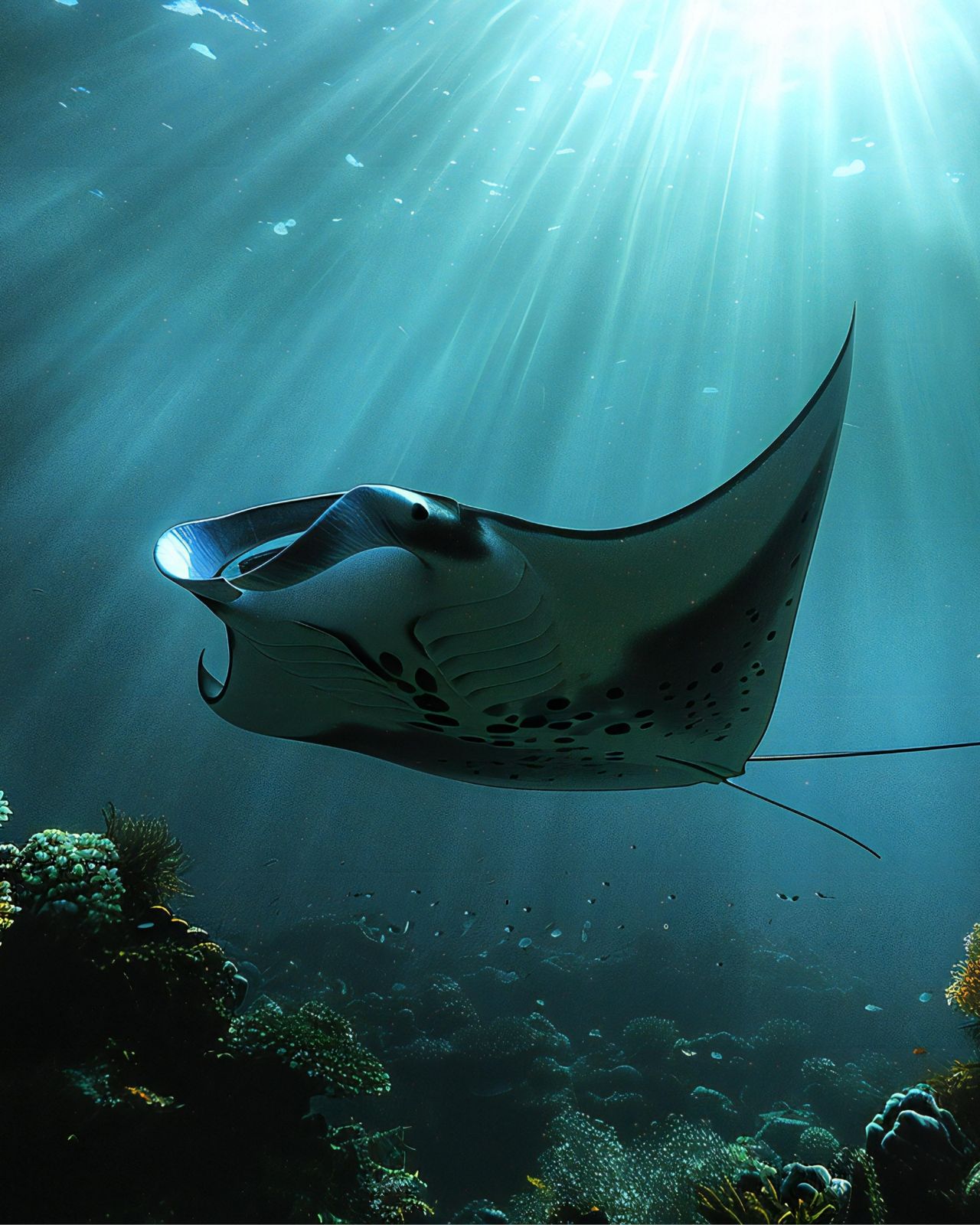 Manta ray swimming beneath the sunlight